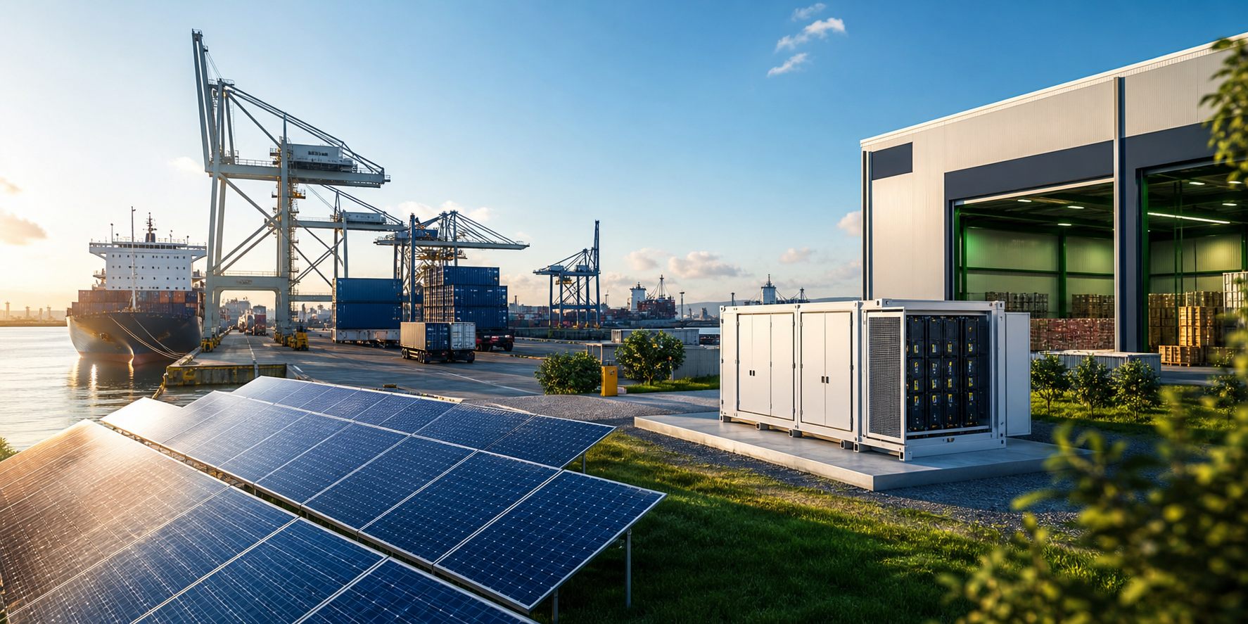 AI generated solar energy, storage and port logistics scene for SHENGY trade services