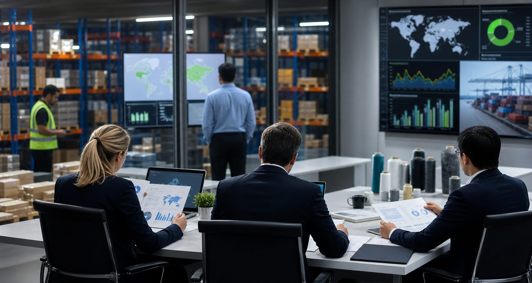 AI generated supply chain coordination meeting in logistics operations room